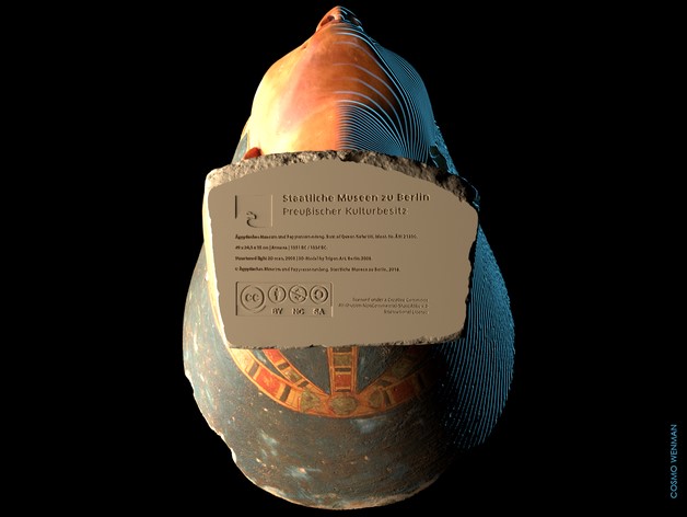 A scan of a sculpture bust of Queen Nefertiti with a digitally added copyright license on the base of the sculpture.