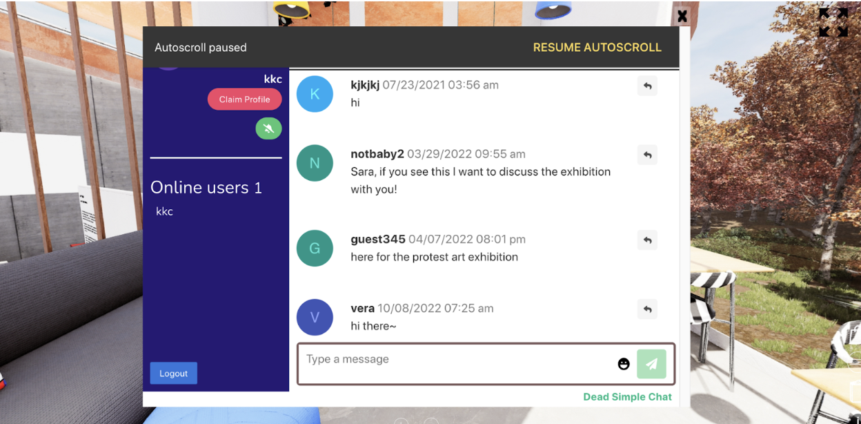 Open café chatbox. Online users 1. kjkjkj 07/23/2021 03:51 am hi. Notbaby2 03/29/2022 09:55 am Sara, if you see this I want to discuss the exhibition with you! Guest345 04/07/2022 08:01 pm here for the protest art exhibition. Vera 10/08/2022 07:25 am hi there.