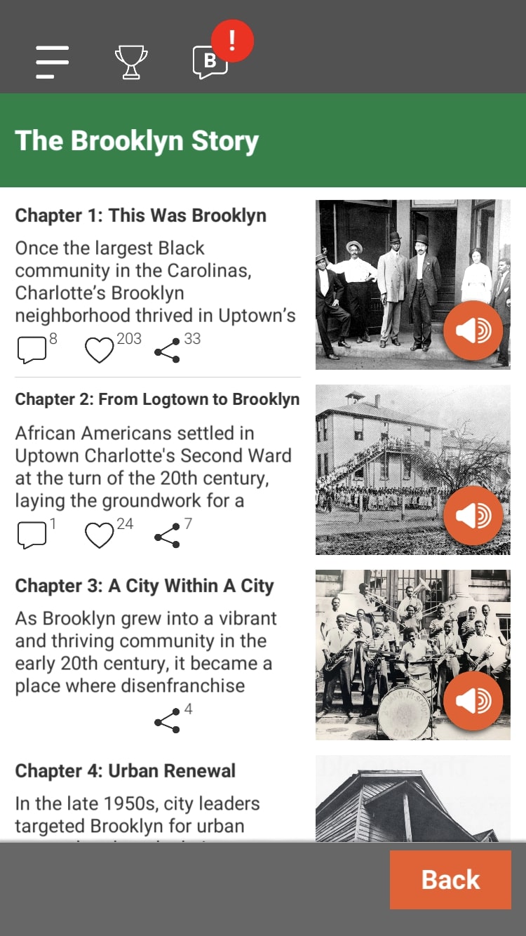 Screenshot of *KnowCLT* app. A green heading reads “The Brooklyn Story,” and subheadings include “Chapter 1: This is Brooklyn,” “Chapter 2: From Logtown to Brooklyn,” and “Chapter 3: A City Within A City.” Black and white photographs are next to each heading.