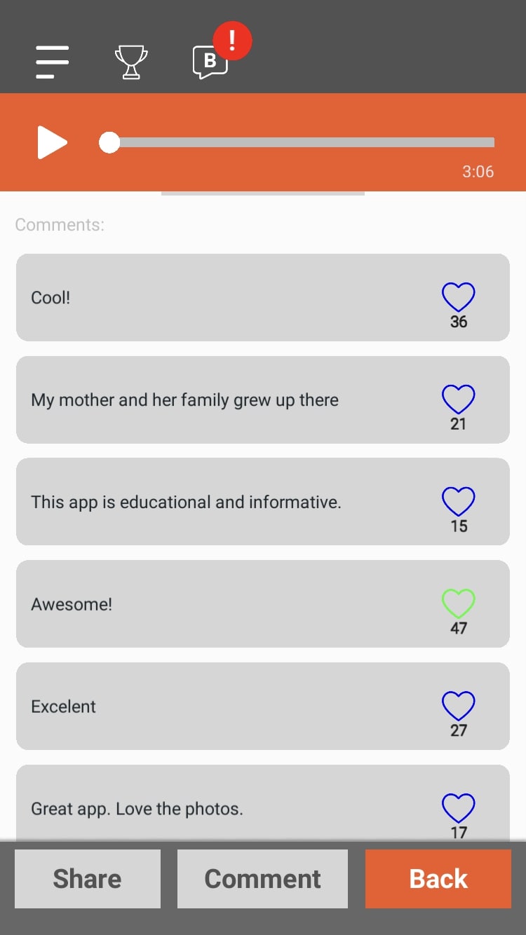 Screenshot of *KnowCLT* app. A list of user-generated comments, including “Cool,” “This app is educational and informative,” and “Awesome.” Heart shapes represent the number of likes on each comment. Buttons labeled “share,” “comment,” and “back” are at the bottom of the screen.