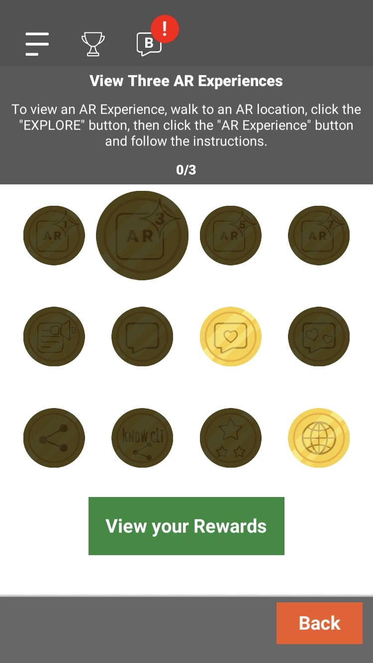 Screenshot of *KnowCLT* app. A display of twelve illustrated gold tokens with different symbols. Achievements which have not been completed are represented with darker colors. A green button titled “View your Rewards” is at the bottom of the screen.