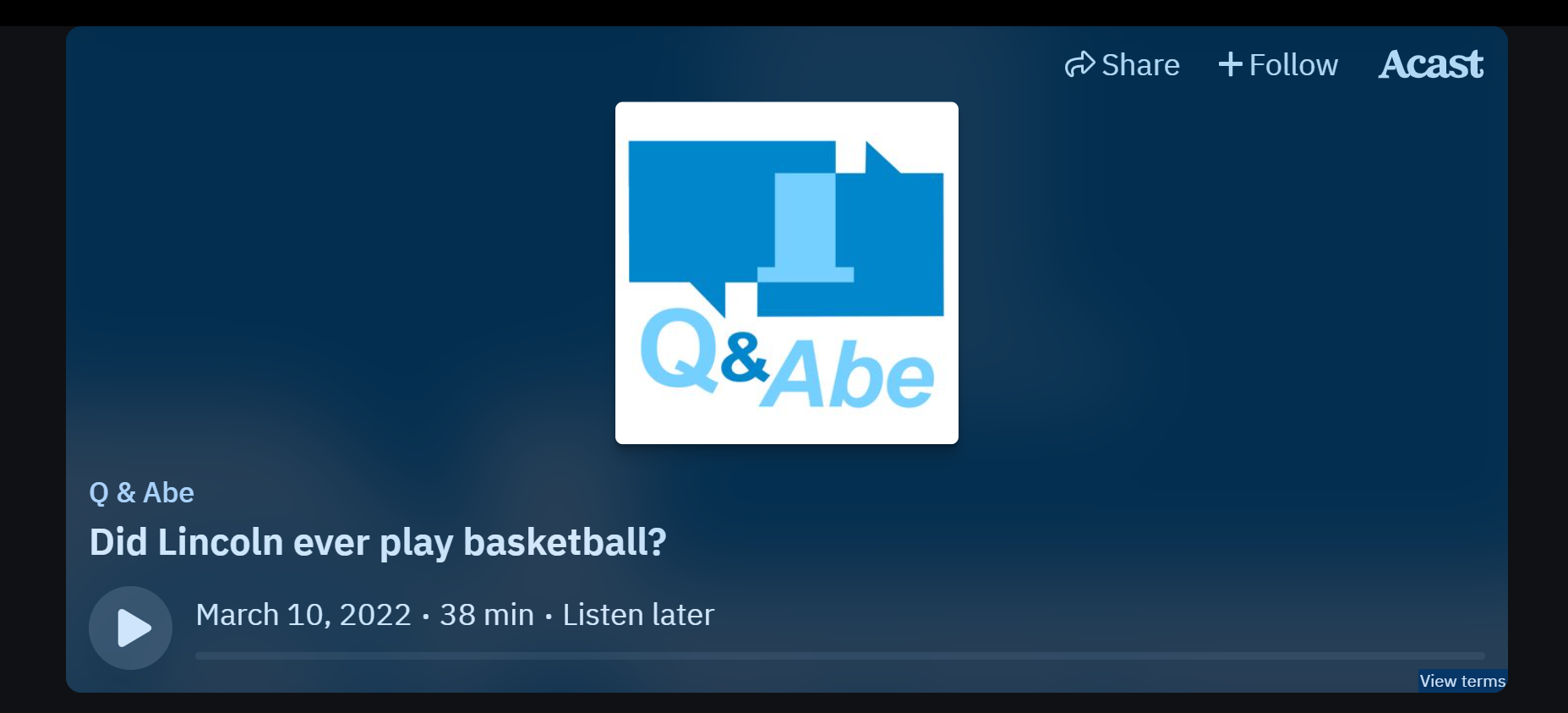 A blue rectangle with a logo at the center featuring speech bubbles and the title Q & Abe with additional text including the date March 10, 2022 and a play button at the bottom.