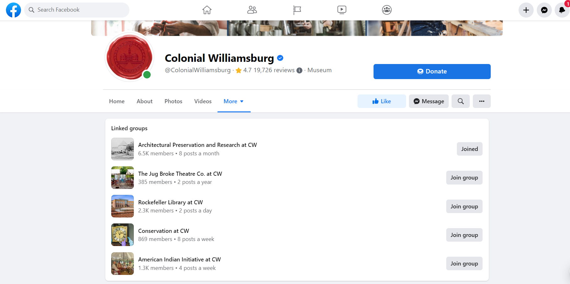 Webpage that reads Colonial Williamsburg at the top with a menu bar beneath followed by five rows each featuring an icon on the far left, text information, and buttons that read Joined or Join Group on the far right.