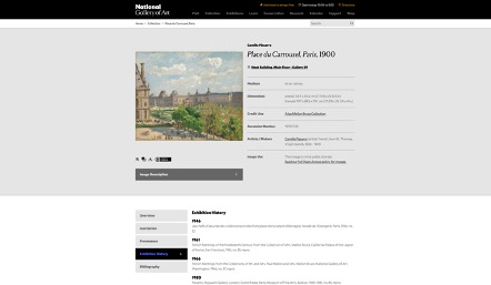 A screenshot of a collections page from the National Gallery of Art with many words and colors visible. The collections page focuses on Camille Pissarro's *Place due Carrousel* with the image one the right and provides information such as artist, dimensions, medium, etc. on the left of the page.