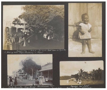 Four photographs backed against a dark brown paper. The image in the top right is highlighted in this essay and shows a young child standing against a wooden wall crying.