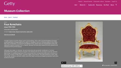 A screenshot of a collections page from The Getty Museum with many colors and words throughout. *Four Armchairs* by an unknown artist is highlighted on right of the page with descriptive information and a paragraph accompanying the image on the left.