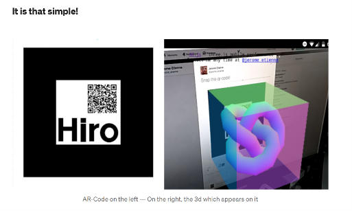 Two images of an AR QR Code. On the left is the code with large text HIRO under. On the right is a mockup of the 3D figure that is generated from the code when scanned.