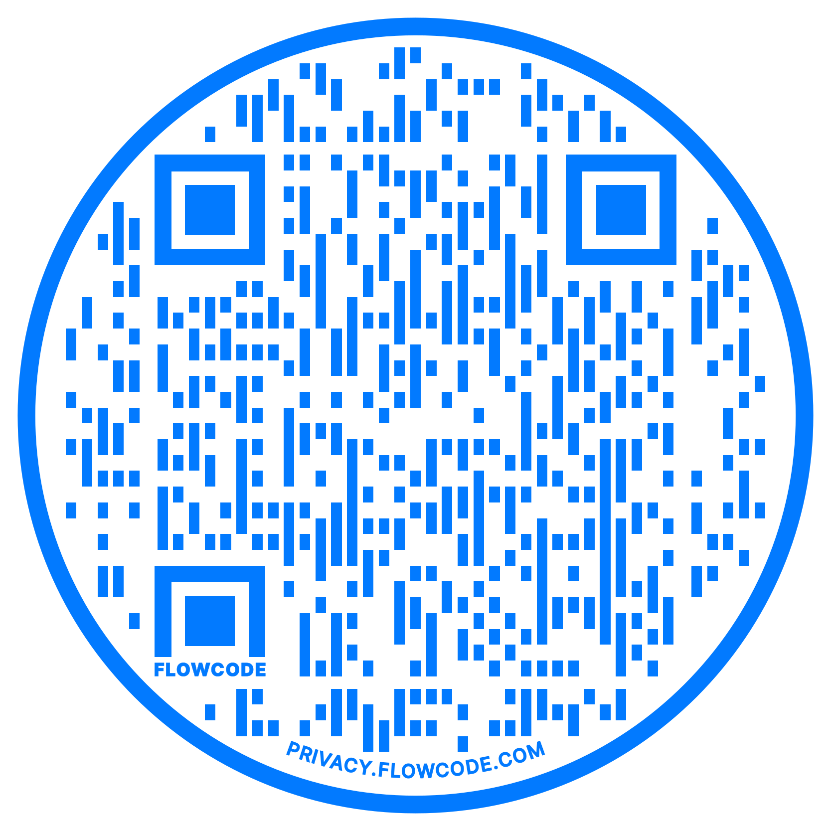 A stylized and scannable circular white and blue QR code which leads to writer's LinkedIn page.