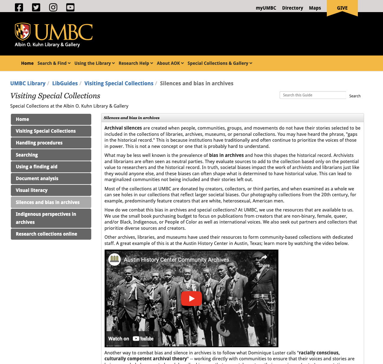 University of Maryland, Baltimore County Albin O. Kuhn Library & Gallery Special Collections page on Archival silences with embedded video visible.