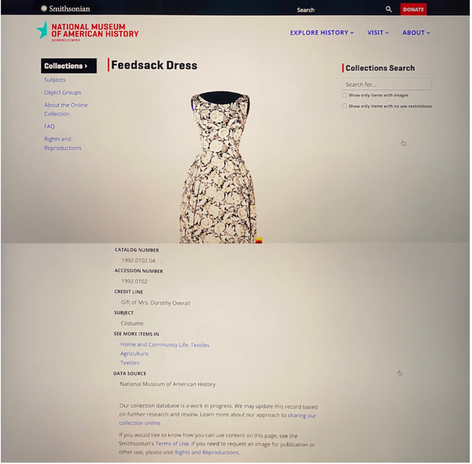 Screenshots of the top and bottom of the “Feedsack Dress” webpage placed vertically to each other. Blue and red text is more vibrant, tan and gray spaces are indistinguishable from white background.