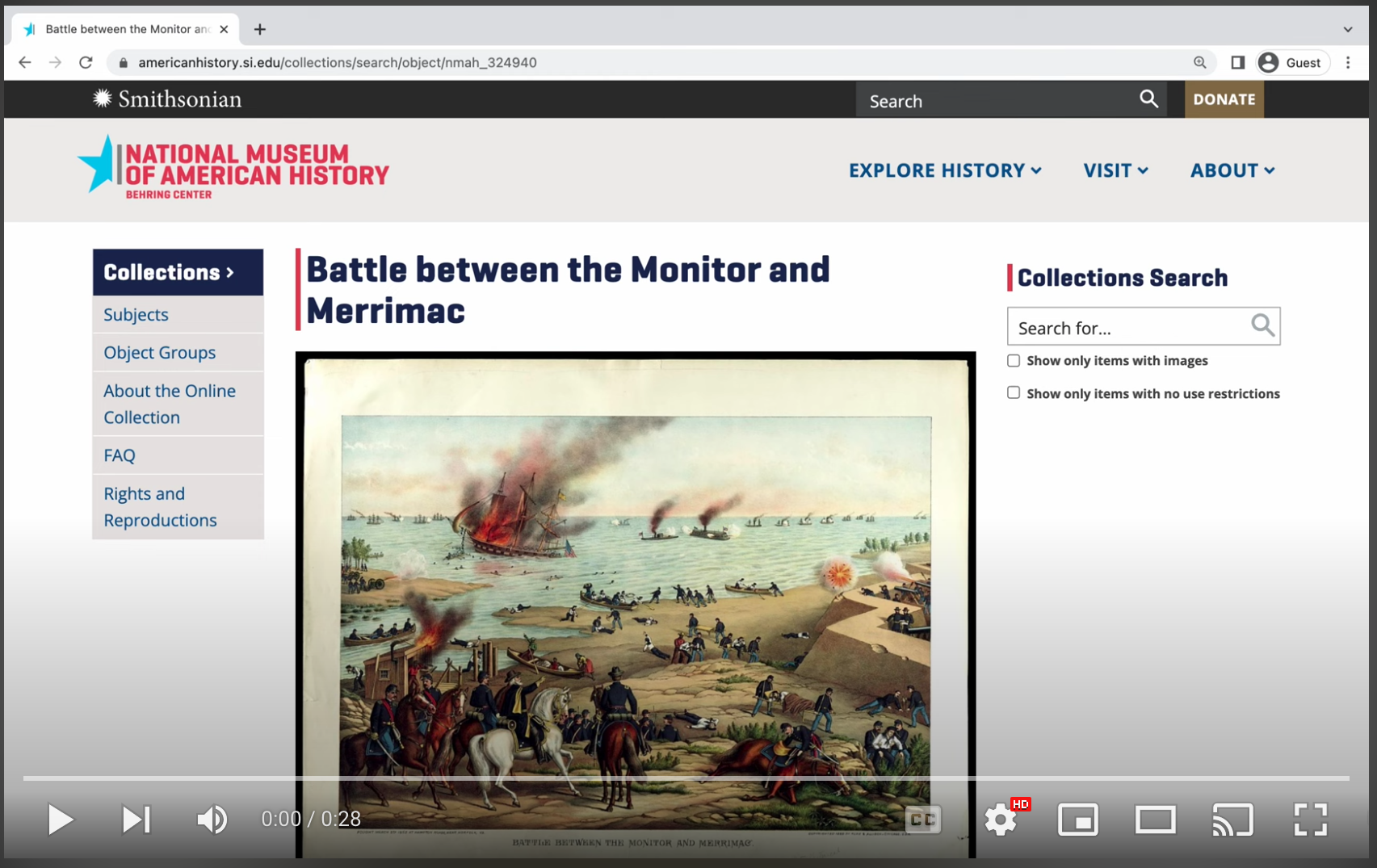 Magnification of the “Battle between the Monitor and Merrimac” webpage from 100 percent to 200 percent. Magnification causes the text and text boxes to expand, and, at 150 percent, the three vertical lines of content to shift to 1 line.