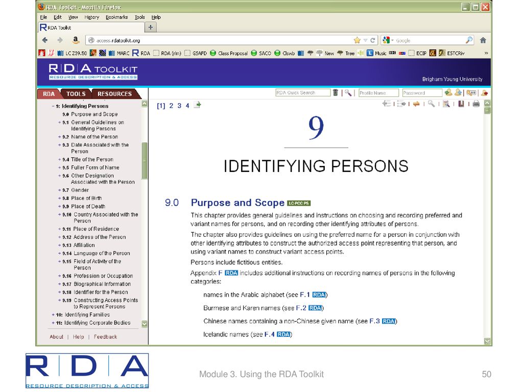 This image shows the opening lines of the RDA toolkit section on Identifying Persons. The image is of the page open in a web browser.