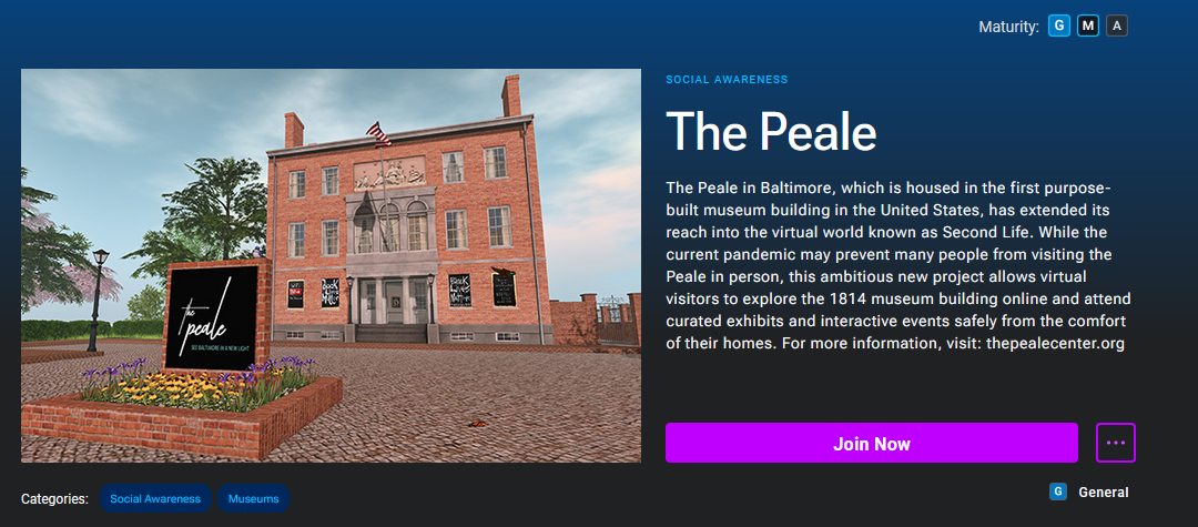 A screenshot of the Peale's Second Life launch page and location description. On the left there is an in-game image of the exterior of the Peale Center for Baltimore History and Architecture. On the right there is text describing the location.