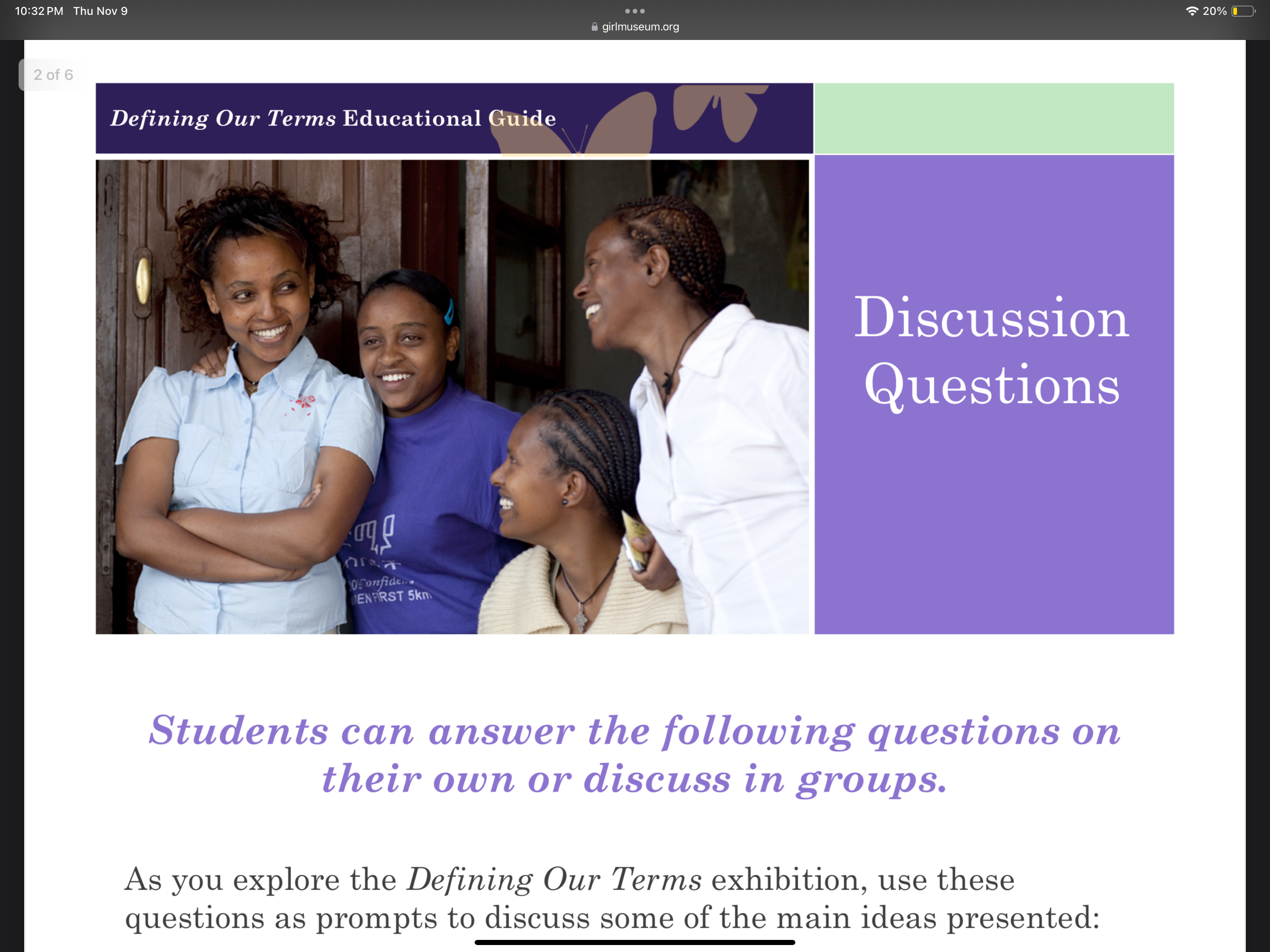 A screenshot of the Discussion Questions section of the Education PDF that is attached to the Defining Our Terms exhibit featured on Girl Museum's website