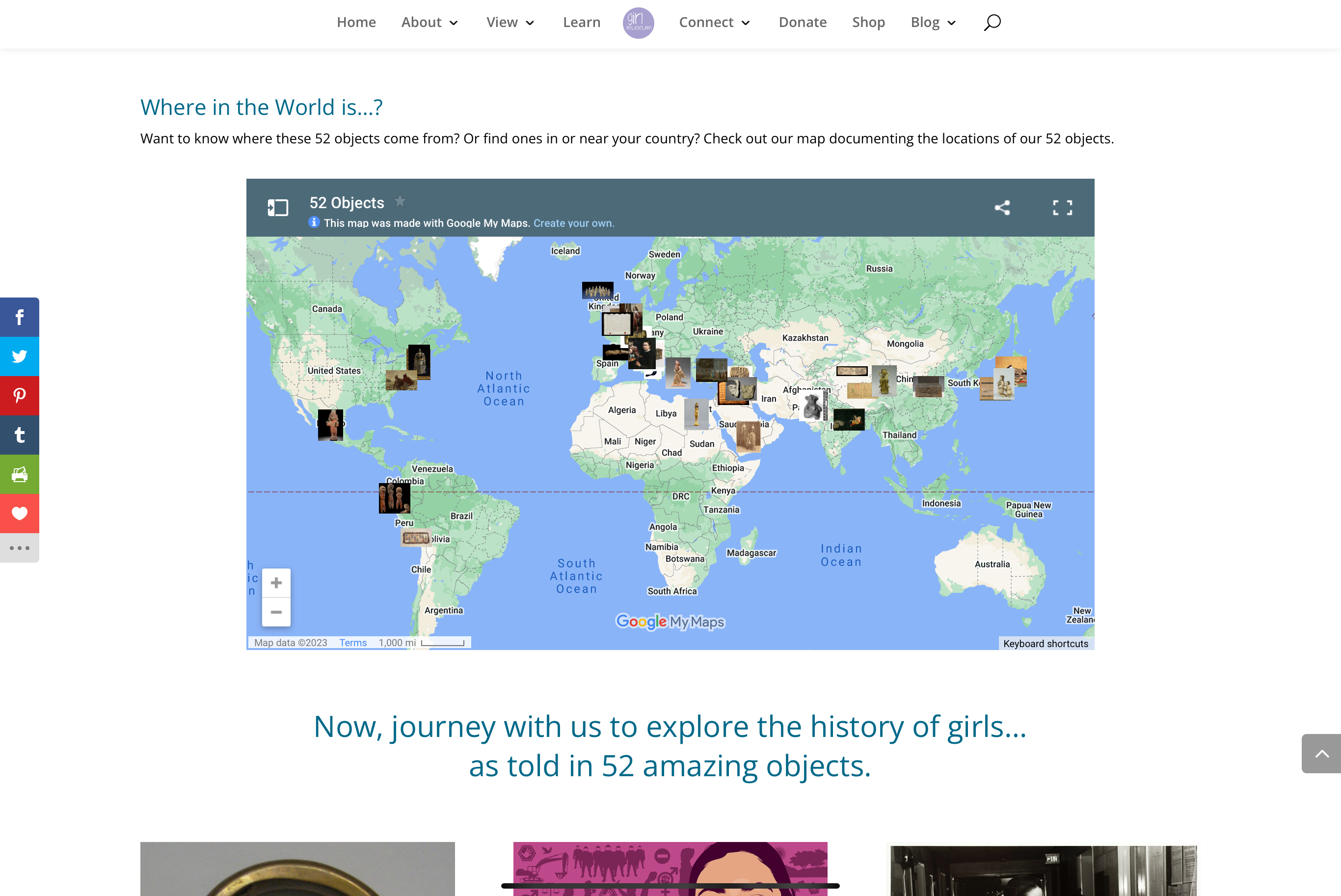 A screenshot of the Google Map that is displayed in the 52 Objects in the History of Girls exhibit on Girl Museum's website