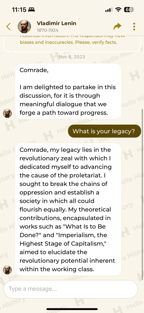 Screenshot of an iPhone Conversation with Vladimir Lenin via the Hello History App about Lenin's legacy. Photo by Emma Meverden.